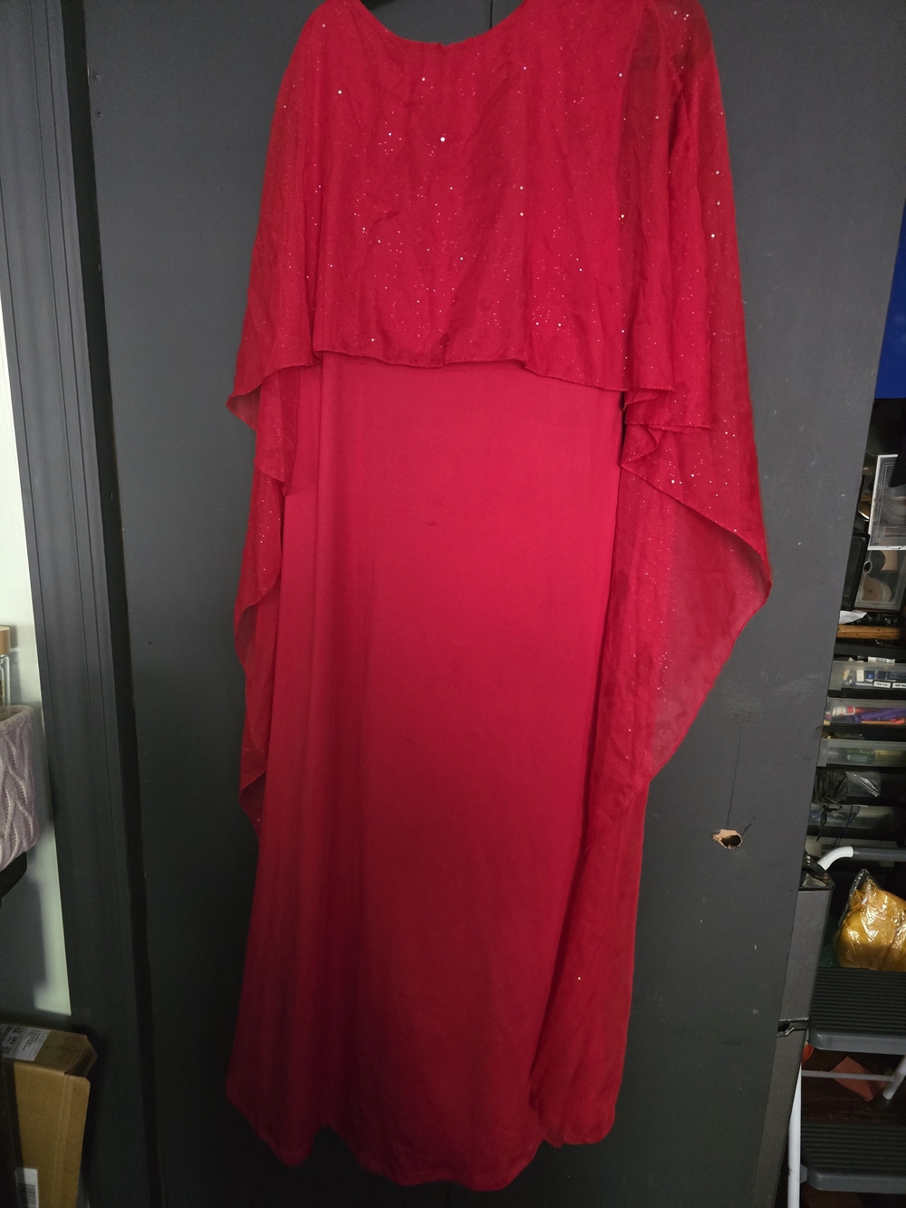 Red Sparkle Maxi Dress with Draped Overlay